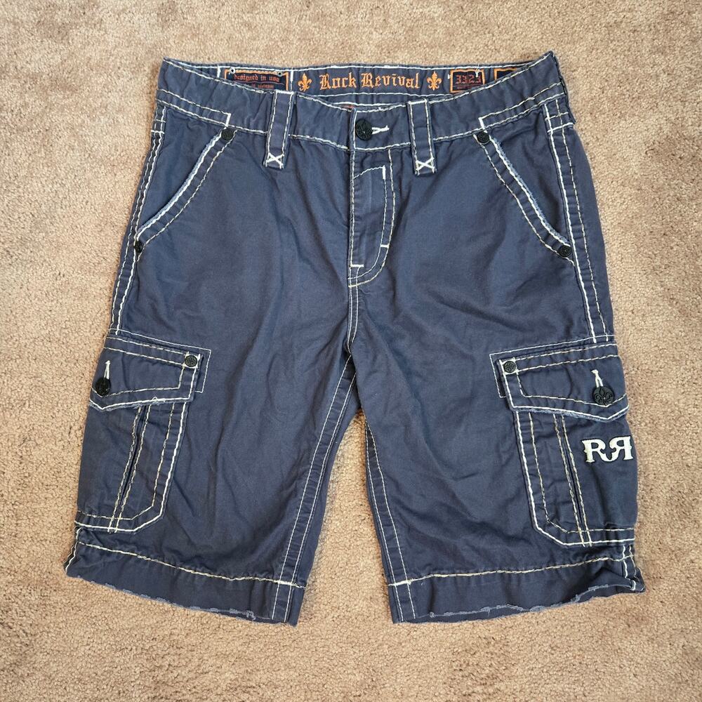 Rock Revival Mens Classic Cargo Shorts 33/23 Blue Thick Stitch Embroidered Y2K